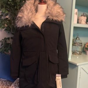 Brand New London Fog Heritage Black Fur Collar Parka, Size Medium